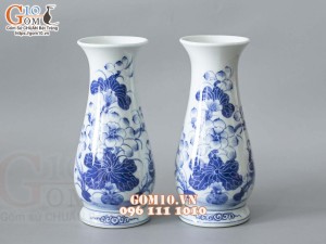 Đôi lọ huệ men lam vẽ Sen Tài Lộc, cao 27cm