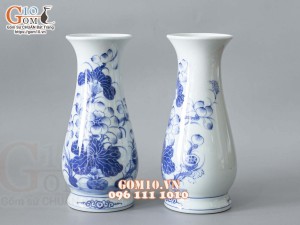 Đôi lọ huệ men lam vẽ Sen Tài Lộc, cao 27cm