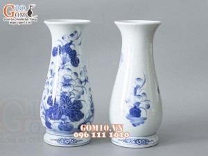 Đôi lọ huệ men lam vẽ Sen Tài Lộc, cao 27cm