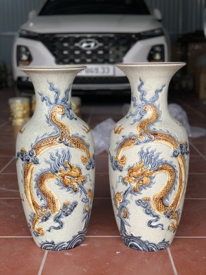 Đôi lộc bình men rạn đắp nổi Rồng Như Ý, cao 60cm