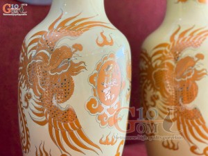 Đôi lọ lộc bình họa tiết rồng Phúc Lộc Thọ rồng vàng kim, cao 50cm