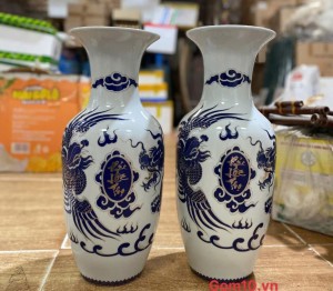 Đôi lọ lộc bình họa tiết rồng Phúc Lộc Thọ xanh kim, cao 50cm