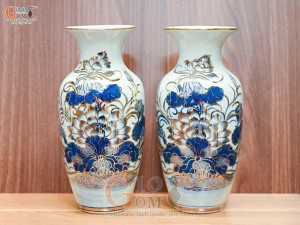 Đôi lọ lộc bình men lam cổ hoa sen vẽ vàng 24K cao cấp, cao 26cm