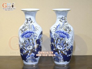 Đôi lọ lộc bình men lam cổ Sen Cát Tường, vẽ vàng 24k, cao 55cm