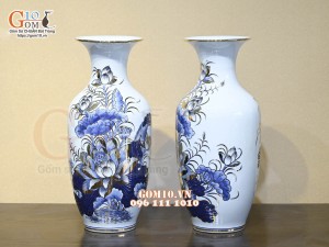 Đôi lọ lộc bình men lam cổ Sen Cát Tường, vẽ vàng 24k, cao 55cm