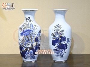 Đôi lọ lộc bình men lam cổ Sen Cát Tường, vẽ vàng 24k, cao 55cm
