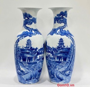 Đôi lọ lộc bình men lam cổ vẽ cảnh Sơn Thuỷ Tùng Chùa, cao 52cm