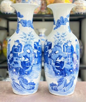 Đôi lọ lộc bình men lam cổ vẽ cảnh Trúc lâm thất hiền, cao 50cm