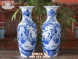 Đôi lọ lộc bình men lam cổ vẽ Chim Hạc Phú Quý cao 60cm