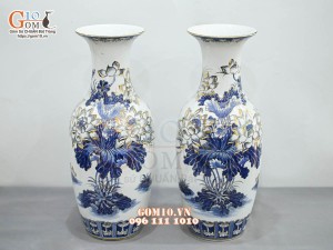 Đôi lọ lộc bình men lam cổ vẽ hoa Sen vàng 24k, cao 50cm (Hàng vẽ kỹ)