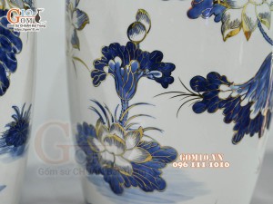 Đôi lọ lộc bình men lam cổ vẽ hoa Sen vàng 24k, cao 50cm (Hàng vẽ kỹ)