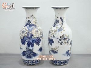 Đôi lọ lộc bình men lam cổ vẽ hoa Sen vàng 24k, cao 50cm (Hàng vẽ kỹ)