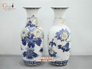 Đôi lọ lộc bình men lam cổ vẽ hoa Sen vàng 24k, cao 50cm (Hàng vẽ kỹ)