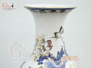 Đôi lọ lộc bình men lam cổ vẽ hoa Sen vàng 24k, cao 50cm (Hàng vẽ kỹ)