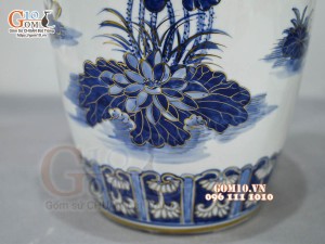 Đôi lọ lộc bình men lam cổ vẽ hoa Sen vàng 24k, cao 50cm (Hàng vẽ kỹ)