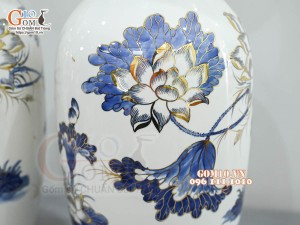 Đôi lọ lộc bình men lam cổ vẽ hoa Sen vàng 24k, cao 50cm (Hàng vẽ kỹ)