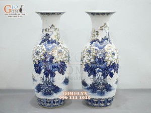 Đôi lọ lộc bình men lam cổ vẽ hoa Sen vàng 24k, cao 50cm (Hàng vẽ kỹ)