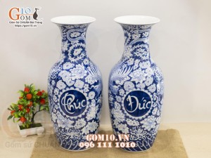 Đôi lọ lộc bình men lam cổ vẽ Long Phục - Phúc Đức, cao 50cm