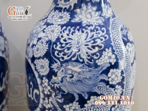 Đôi lọ lộc bình men lam cổ vẽ Long Phục - Phúc Đức, cao 50cm