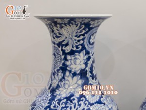 Đôi lọ lộc bình men lam cổ vẽ Long Phục - Phúc Đức, cao 50cm