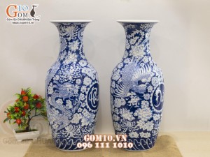 Đôi lọ lộc bình men lam cổ vẽ Long Phục - Phúc Đức, cao 50cm