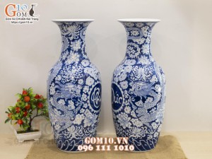 Đôi lọ lộc bình men lam cổ vẽ Long Phục - Phúc Đức, cao 50cm