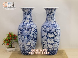 Đôi lọ lộc bình men lam cổ vẽ Long Phục - Phúc Đức, cao 50cm