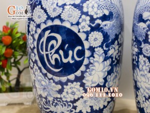 Đôi lọ lộc bình men lam cổ vẽ Long Phục - Phúc Đức, cao 50cm