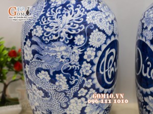 Đôi lọ lộc bình men lam cổ vẽ Long Phục - Phúc Đức, cao 50cm