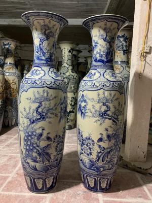 Đôi lọ lộc bình men lam cổ vẽ nhị cảnh Sơn Thuỷ-Công Đào cao 1m55cm (cả chân kê)