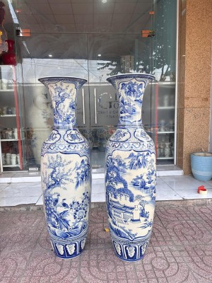 Đôi lọ lộc bình men lam cổ vẽ nhị cảnh Sơn Thuỷ-Công Đào cao 1m55cm (cả chân kê)