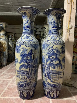 Đôi lọ lộc bình men lam cổ vẽ nhị cảnh Sơn Thuỷ-Công Đào cao 1m55cm (cả chân kê)