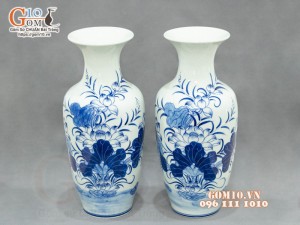 Đôi lộc bình men lam vẽ Sen Đại Cát, cao 25cm