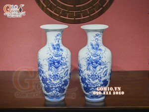 Đôi lọ lộc bình men lam cổ vẽ Sen Cát Tường, cao 50cm