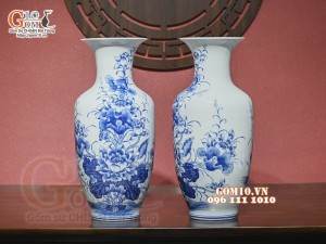 Đôi lọ lộc bình men lam cổ vẽ Sen Cát Tường, cao 50cm