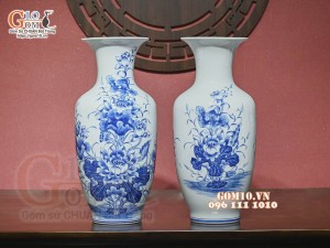 Đôi lọ lộc bình men lam cổ vẽ Sen Cát Tường, cao 50cm