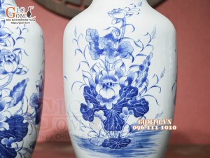 Đôi lọ lộc bình men lam cổ vẽ Sen Cát Tường, cao 50cm