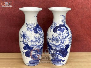 Đôi lọ lộc bình men lam cổ vẽ Sen Tài Lộc, cao 25cm