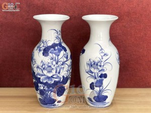 Đôi lọ lộc bình men lam cổ vẽ Sen Tài Lộc, cao 25cm