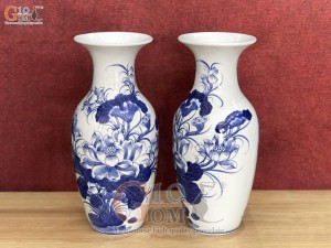 Đôi lọ lộc bình men lam cổ vẽ Sen Tài Lộc, cao 25cm