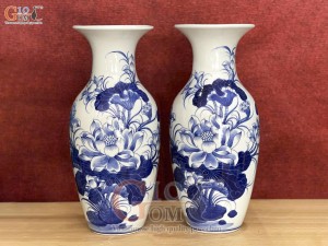 Đôi lọ lộc bình men lam cổ vẽ Sen Tài Lộc, cao 32cm