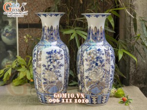 Đôi lọ lộc bình men lam cổ vẽ vàng 24k, Tứ cảnh Phú Quý cao 60cm