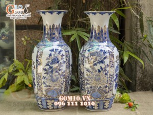 Đôi lọ lộc bình men lam cổ vẽ vàng 24k, Tứ cảnh Phú Quý cao 60cm