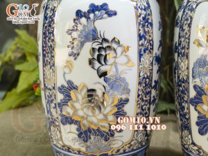 Đôi lọ lộc bình men lam cổ vẽ vàng 24k, Tứ cảnh Phú Quý cao 60cm