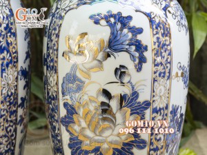 Đôi lọ lộc bình men lam cổ vẽ vàng 24k, Tứ cảnh Phú Quý cao 60cm