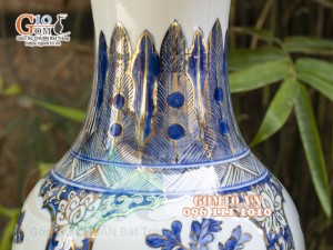 Đôi lọ lộc bình men lam cổ vẽ vàng 24k, Tứ cảnh Phú Quý cao 60cm