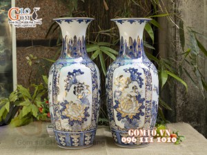 Đôi lọ lộc bình men lam cổ vẽ vàng 24k, Tứ cảnh Phú Quý cao 60cm