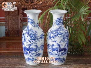 Đôi lọ lộc bình men lam vẽ cảnh Phú Quý Trường Thọ, cao 60cm