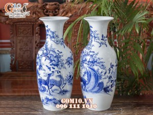 Đôi lọ lộc bình men lam vẽ cảnh Phú Quý Trường Thọ, cao 60cm