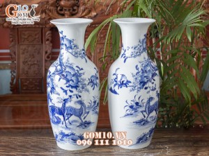 Đôi lọ lộc bình men lam vẽ cảnh Phú Quý Trường Thọ, cao 60cm